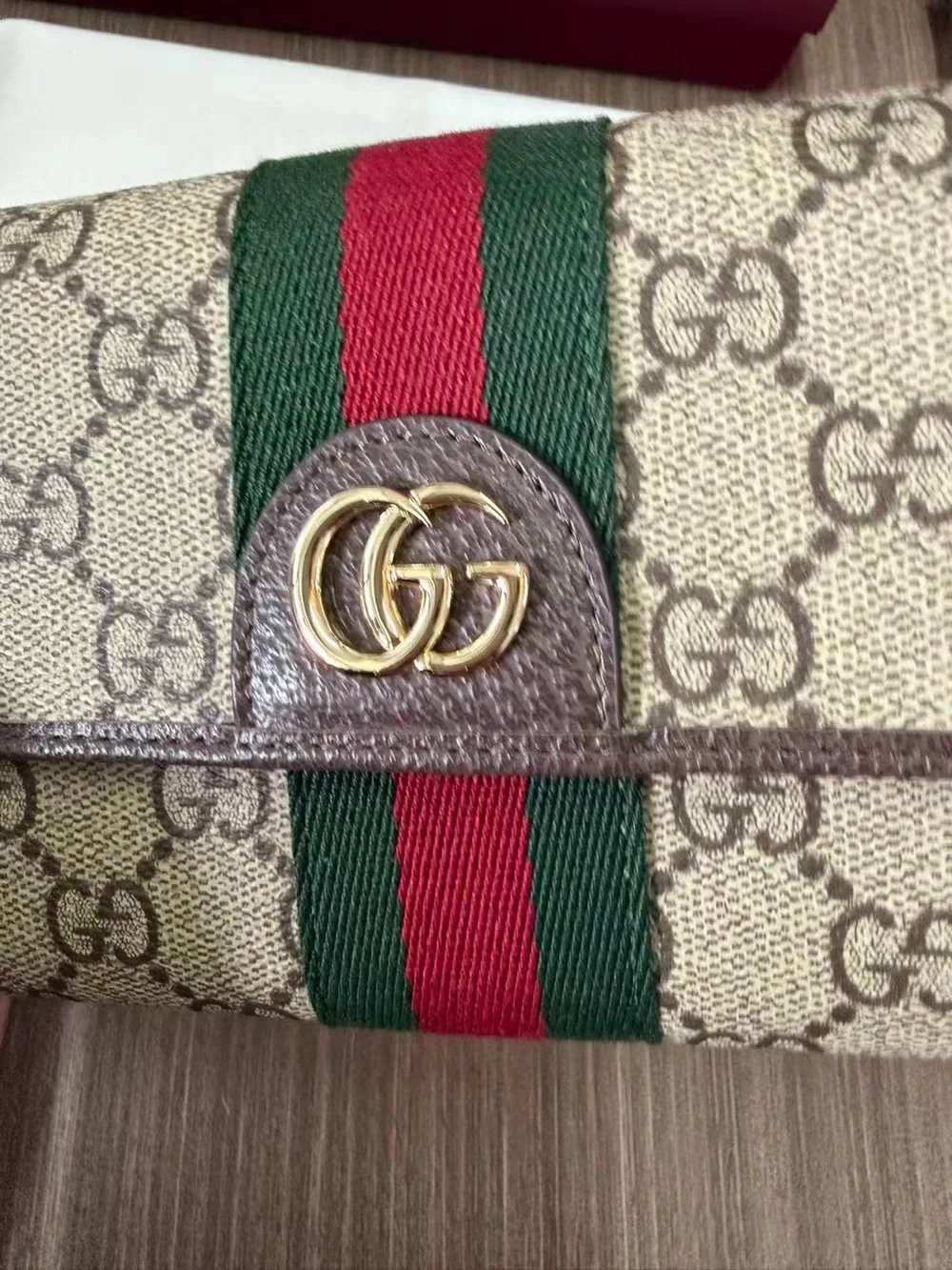 Gucci Beige GG Supreme Canvas Wallet with Green and Red Web